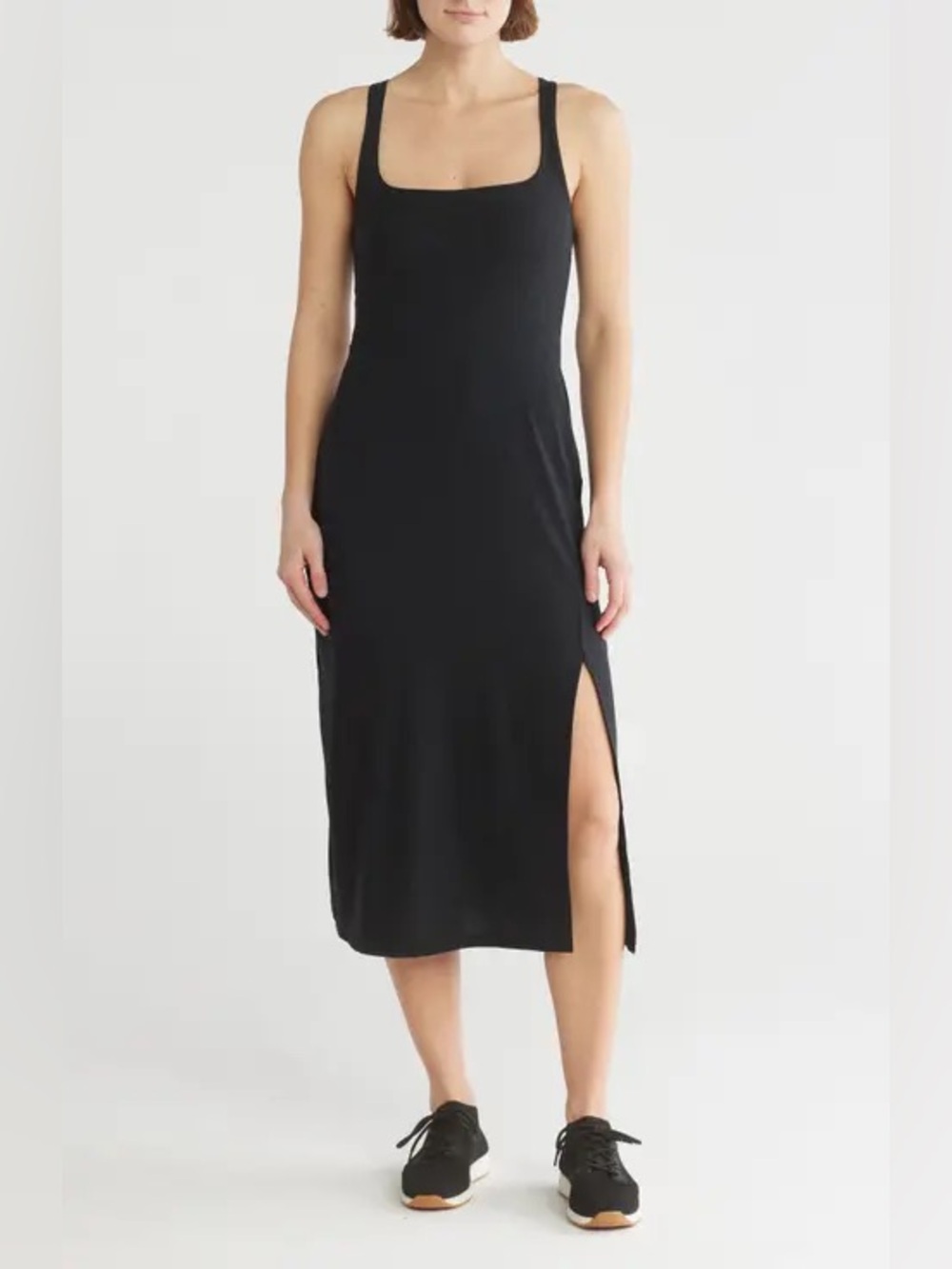 Beyond Yoga- **Never Worn** Black Square-Neck Tank Midi Dress with Side Slit